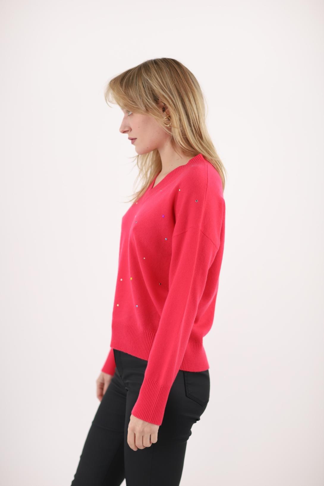 Pull col V strass étoiles colorées