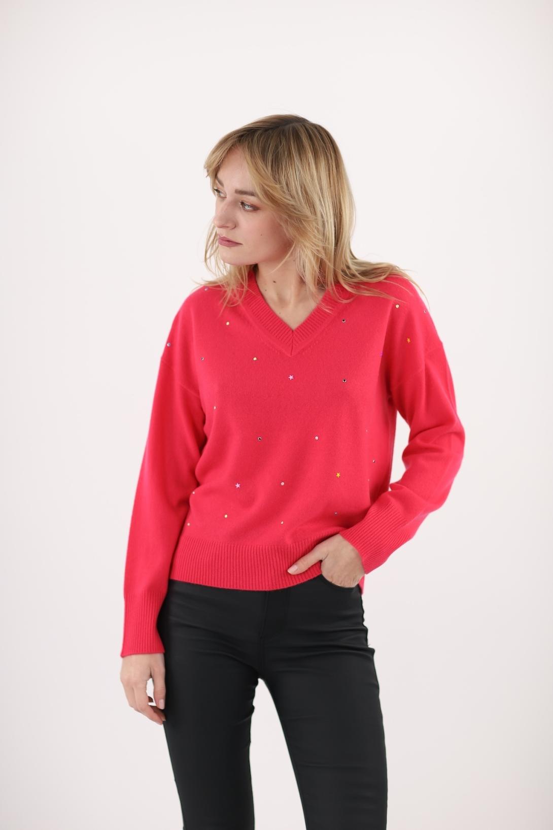 Pull col V strass étoiles colorées